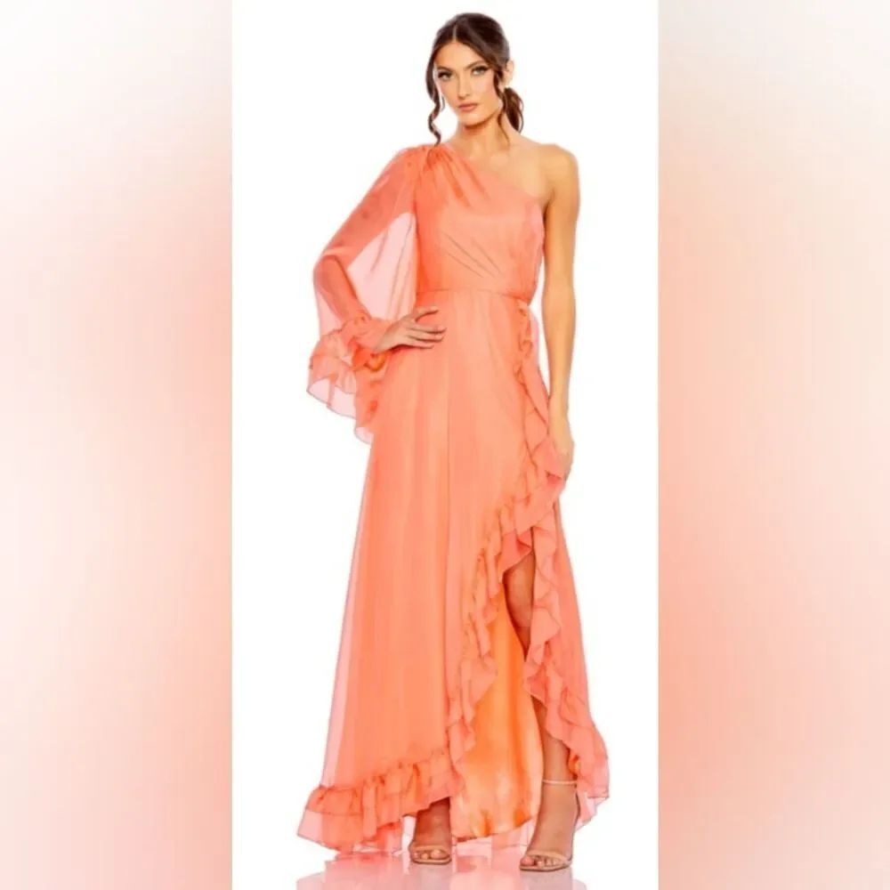 Mac Duggal ONE SLEEVE RUFFLED HEM GOWN NWT size 2 Coral (55924)
